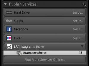 Lightroom Publish Services panel showing the LR/Instagram setup and in use