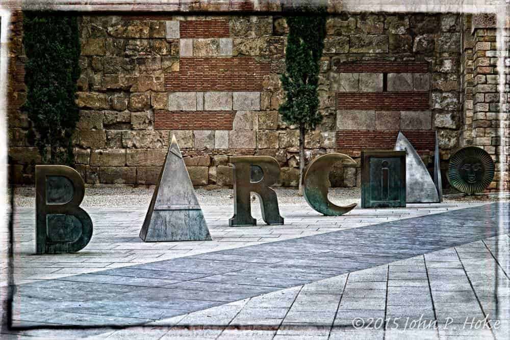 Barcelona spelled out in sculptures and art in the pedestrian spaces at the Barcelona Cathedral