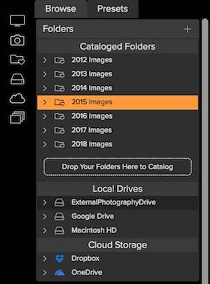On1 Photo GUI screenshot showing the Catalog Folder dropzone