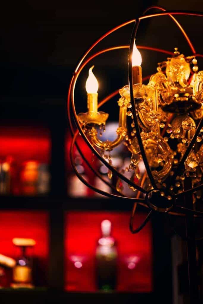 Chandelier at the Red Frog speakeasy in Lisbon, Portugal