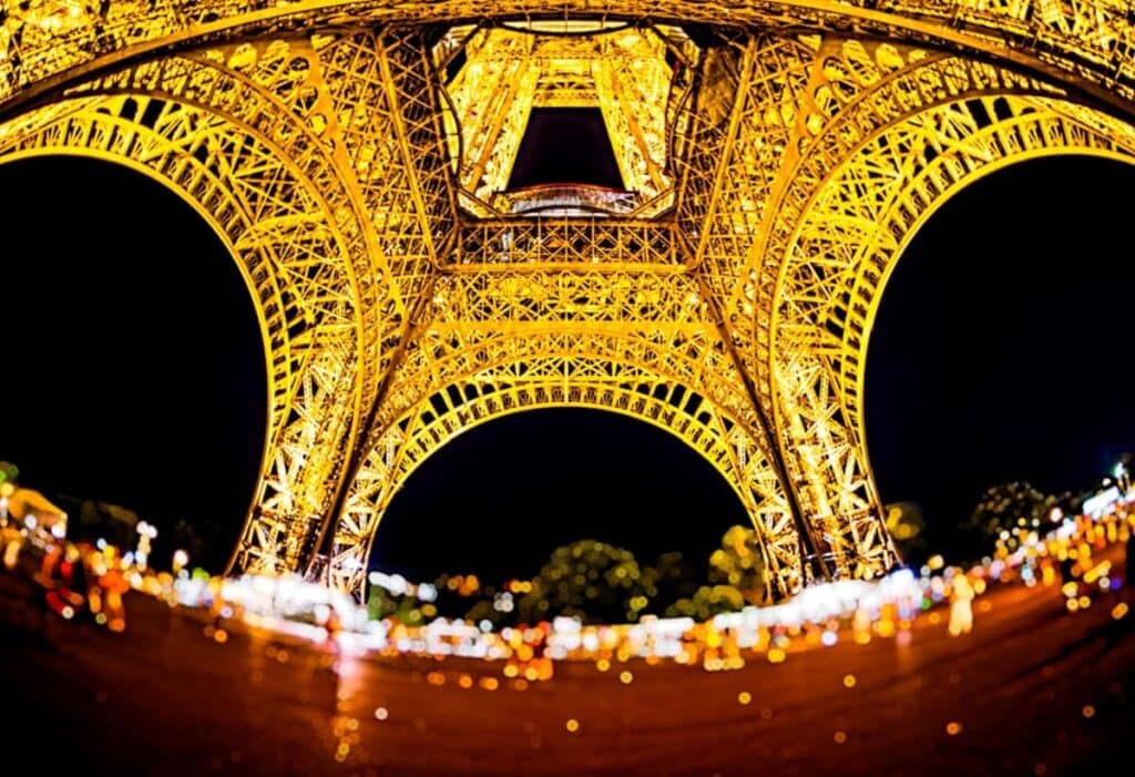 An image of the Eiffel Tower taken with a 15mm fisheye lens