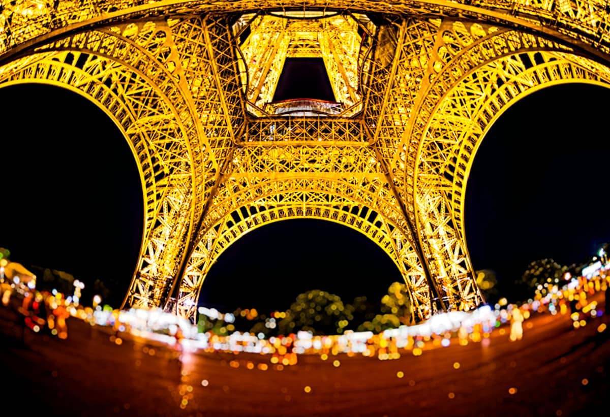 An image of the Eiffel Tower taken with a 15mm fisheye lens