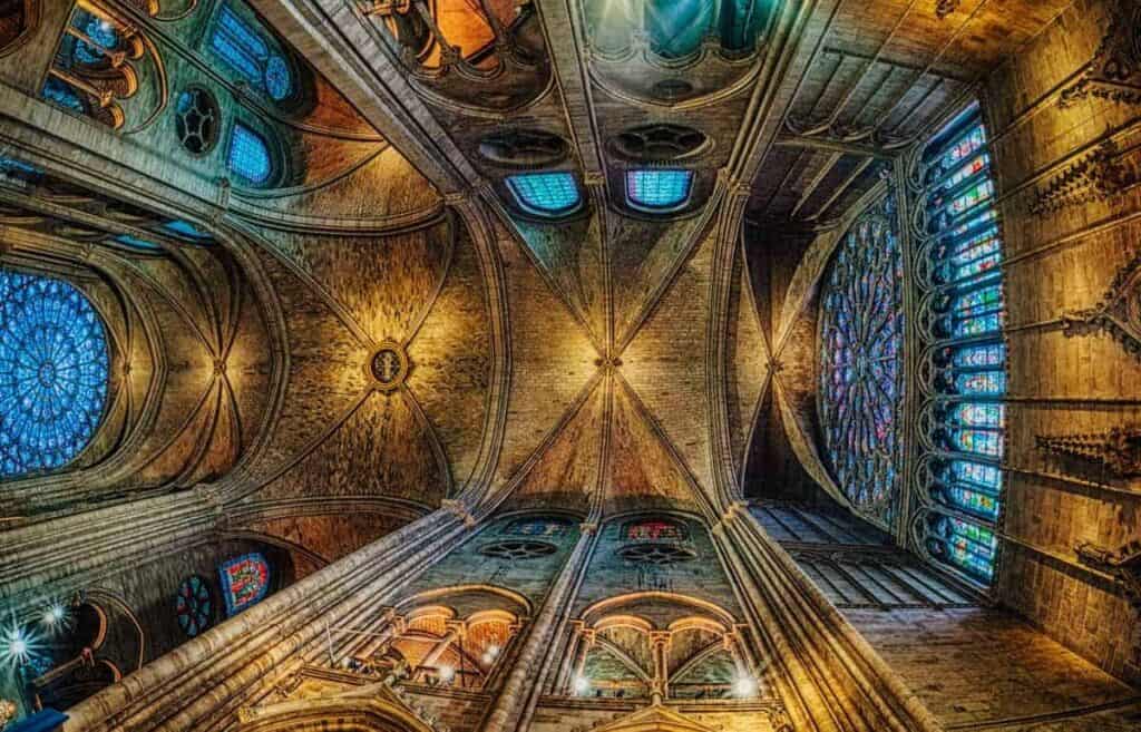 HDR Image of the ceiling inside Notre Dame Cathedral - Paris France