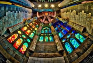 HDR Image looking up into Sagrada Familia's apse and the riot of colors created by the stained glass