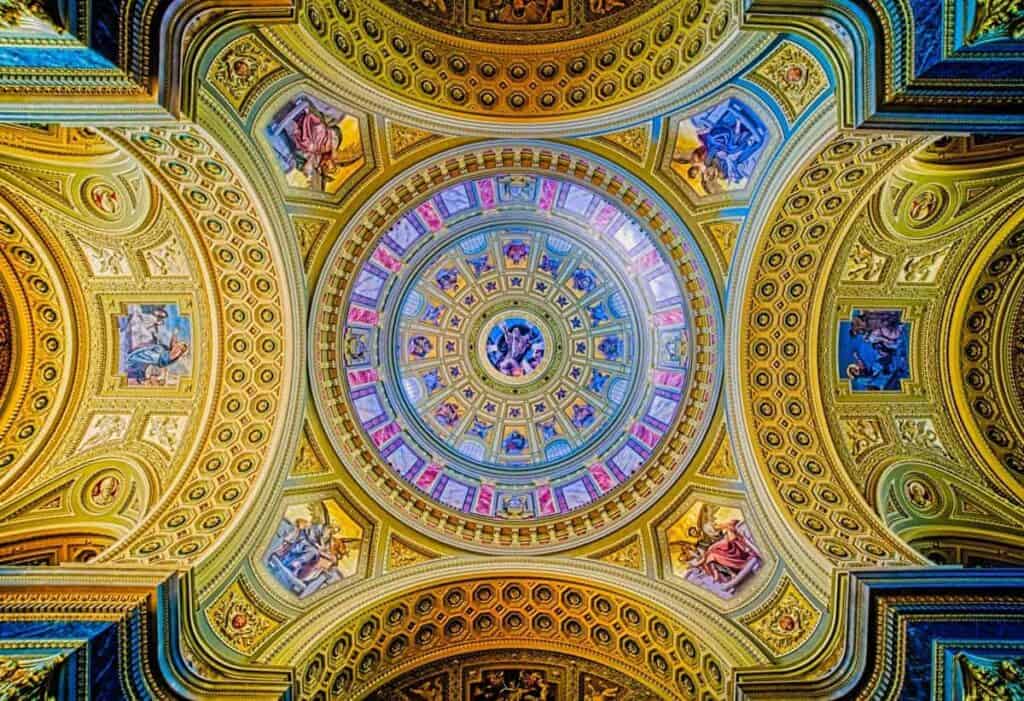 An image of the Dome and ceiling of St. Stephen's Basilica in Budapest taken straight up at the center of the dome from multiple exposures and merged into HDR