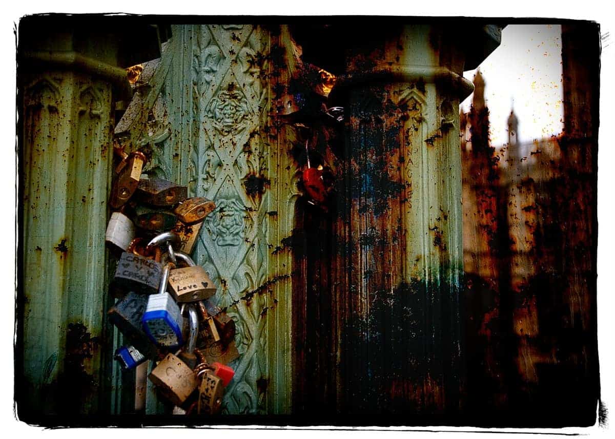 London - Westminster Bridge Love Locks - Distressed image of love locks on the Westminster Bridge