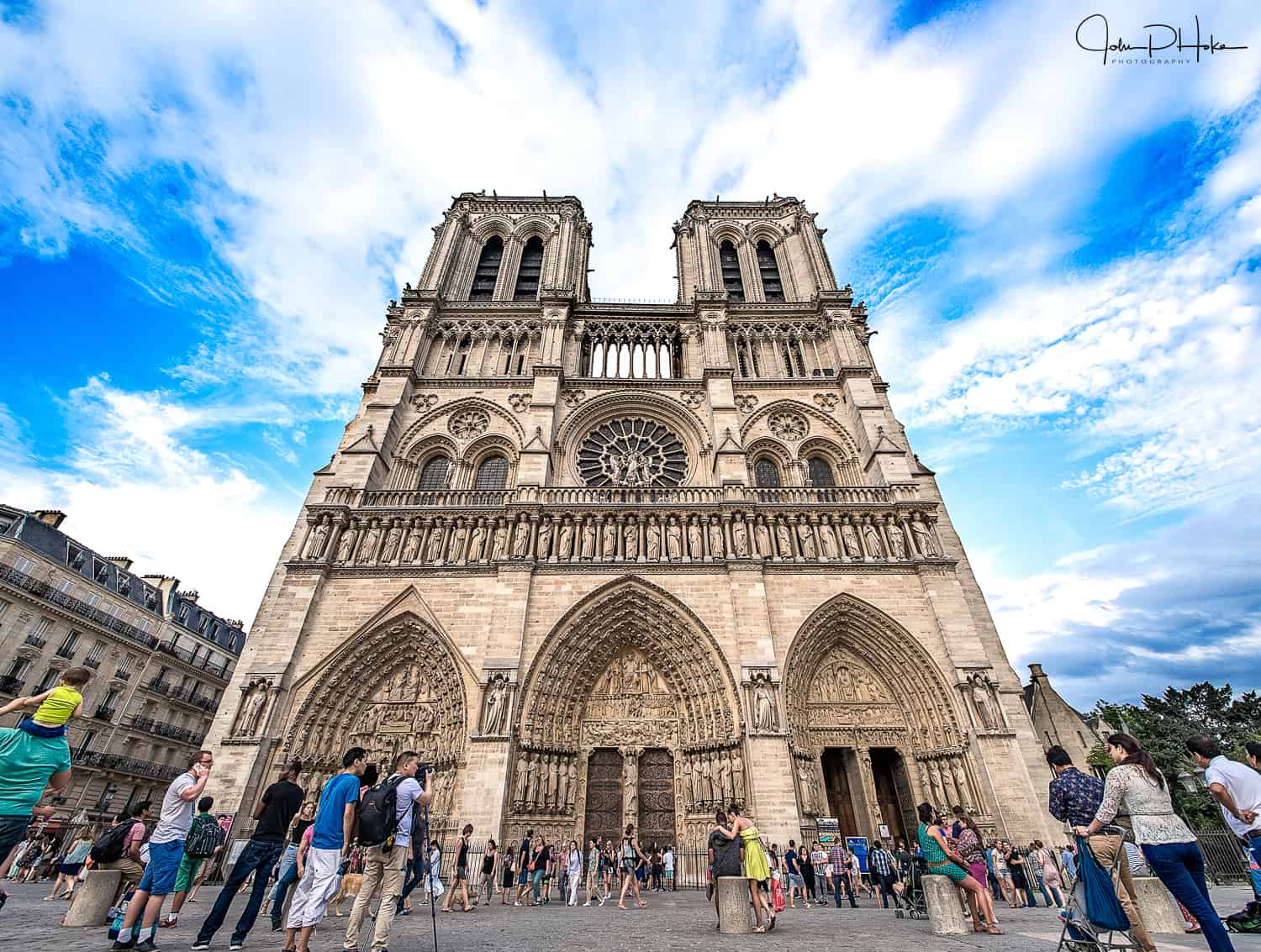 wide angle view of the Notre Dame Cathedral, Paris France