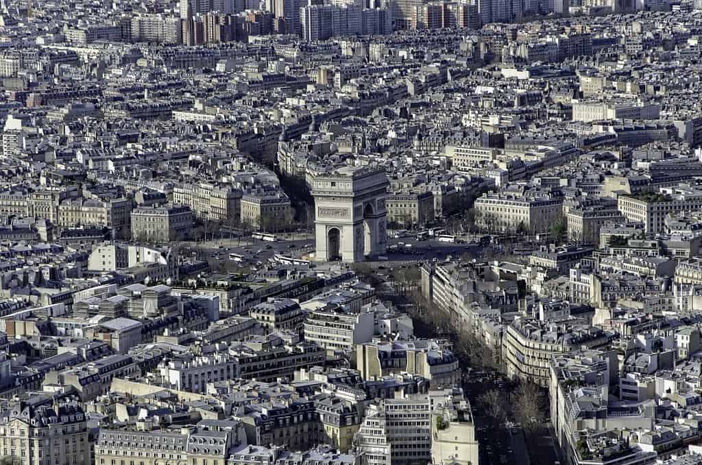 The Streets of Paris looking at the Arc de Triomphe from the top of the Eiffel Tower