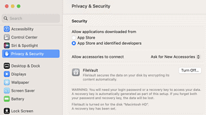 Encryption Enabled: Apple System Preferences - Security configuration for FileVault