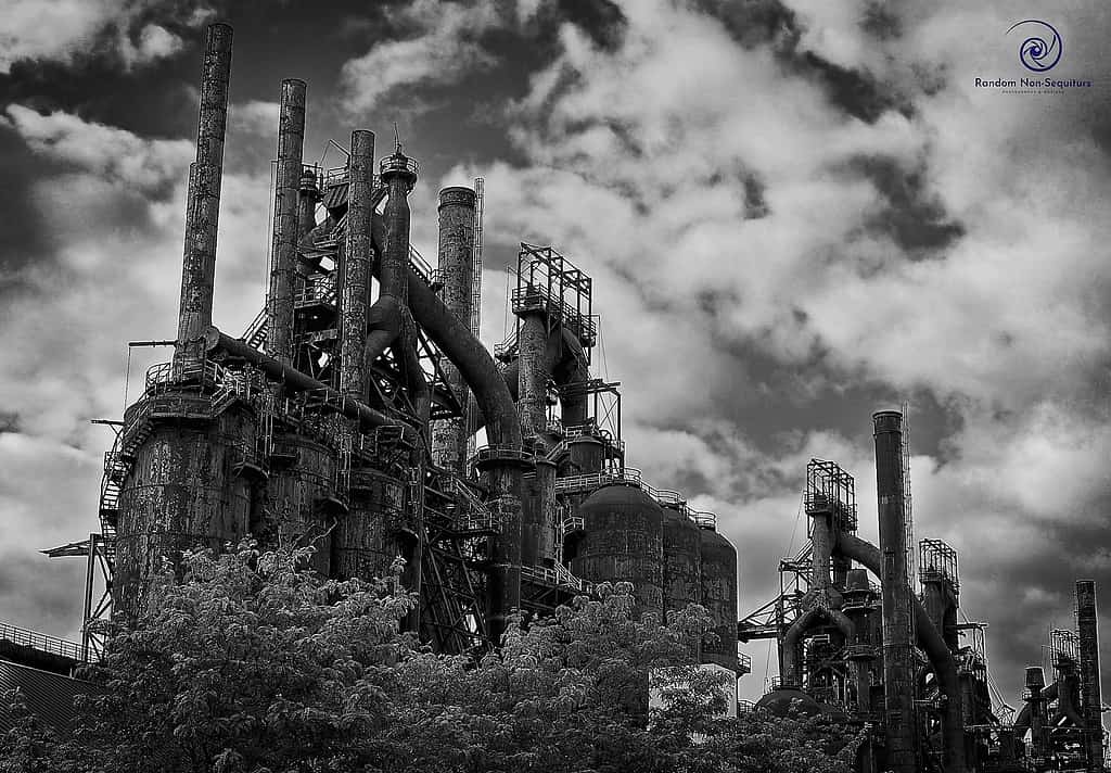 Looking up at the Steel Stacks complex