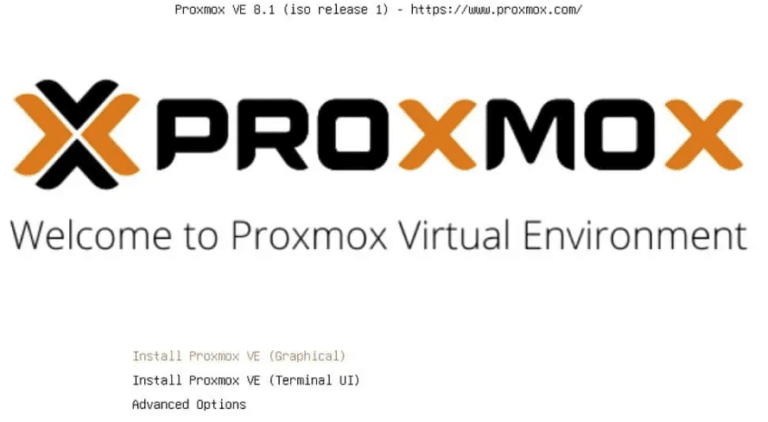 ProxMox VE 8.1 Installation Splash Screen and Menu