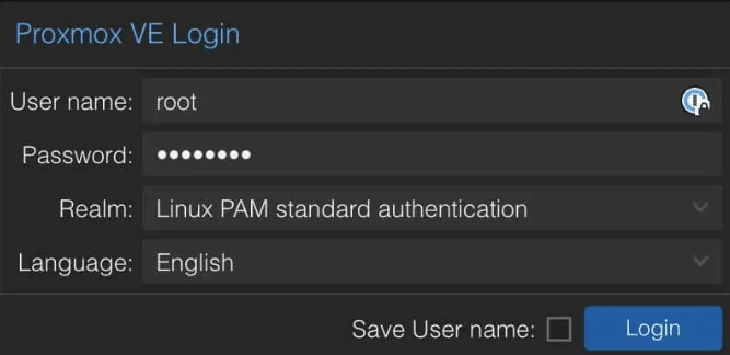 The Proxmox login screern for the Web Based User Interface