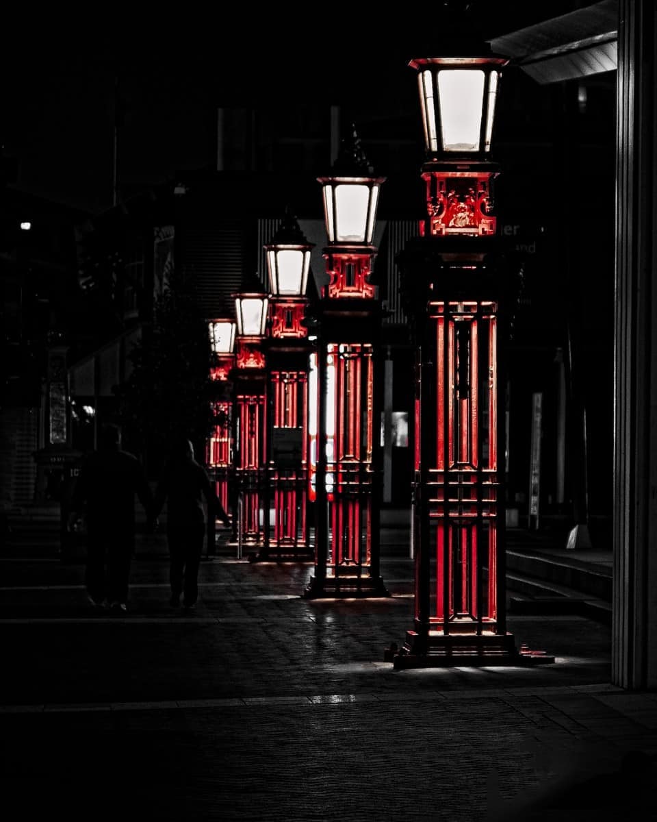 Auckland New Zealand street lights along Prince's Wharf at night